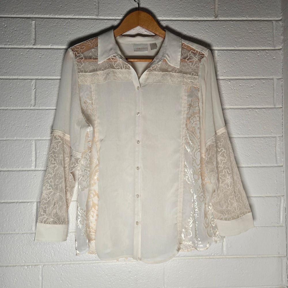 Chicos Lace Ivory Blouse 3 XL Cream Sheer Burnout Velvet Boho Lagenlook Mixed